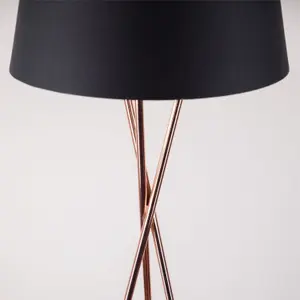 First Choice Lighting Copper Tripod Floor Lamp with Black Fabric Shade