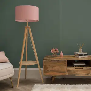 ValueLights Morrigan Light Wood Tripod Design Floor Lamp with Storage Shelf and Pink Drum Shade