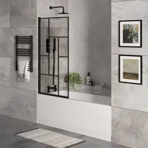 Square Single Ended Bath, Front Panel, Abstract Black Screen and Waste -1700x700mm