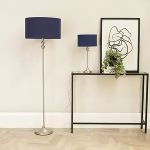 ValueLights Maggie Brushed Chrome Silver Candlestick Floor Lamp with Navy Fabric Lamp Shade