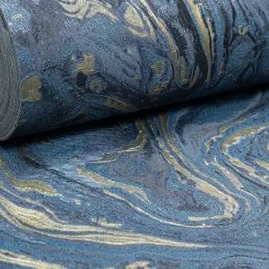 Blue Gold Marble Wallpaper Textured Marble Metallic Effect HeavyWeight Vinyl