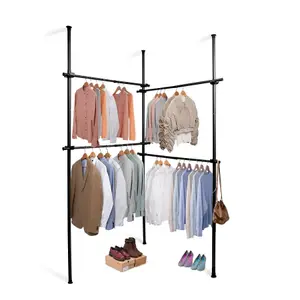 House of Home Telescopic Clothes Rail Double Wardrobe Hanging Rack Adjustable Storage Black