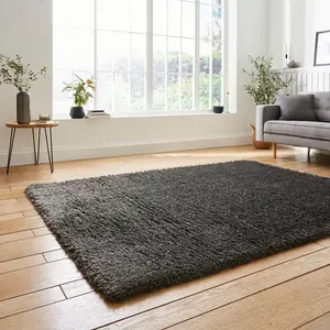 Charcoal Plain Shaggy Modern Easy To Clean Rug For Dining Room-120cm X 170cm