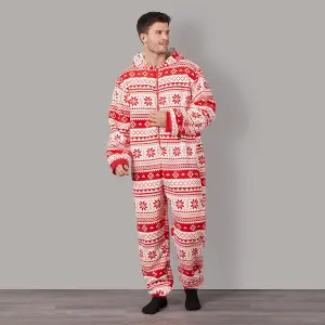 OHS Nordic Onesie Christmas Hooded Loungewear Soft Pyjamas, Red - Medium