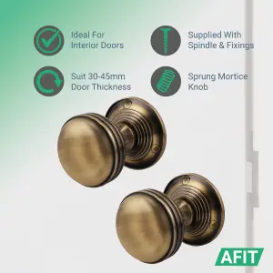 AFIT Lined Door Knob Set Antique Brass - 1 Pair of Mortice Knobs (55mm), Latch & Deadbolt Kit (76mm) & Turn & Release for Internal