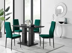 Furniturebox Imperia 4 Modern Black High Gloss Dining Table and 4 Green Velvet Milan Black Leg Chairs