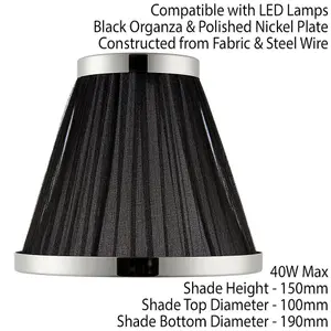 8" Luxury Round Tapered Lamp Shade Black Pleated Organza Fabric & Bright Nickel