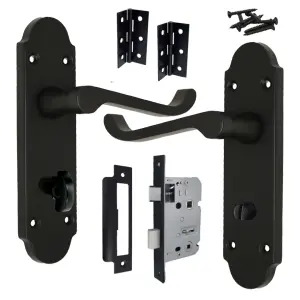 Epsom Door Handle Bathroom Lock Scroll Lever - Matt Black Pack Hinges