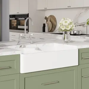 Fireclay Kitchen Bundle - Double Bowl Stepped Weir Butler Sink, Wastes & Bridge Lever Tap, 895mm - Chrome - Balterley