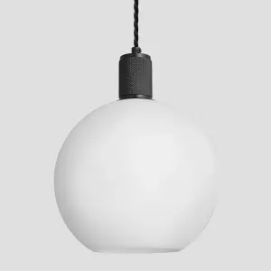 Industville Knurled Opal Glass Globe Pendant Light, 9 Inch, White, Black Holder