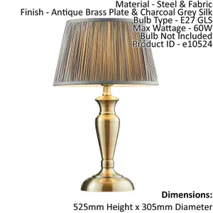 Table Lamp Antique Brass & Charcoal Grey Silk 60W E27 Bedside Light e10524