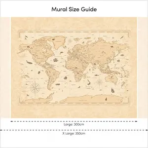 Vintage World Map Mural In Natural (350cm x 240cm)