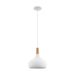 Pendant Ceiling Light Colour White Steel Shade Brown Wood Bulb E27 1x60W