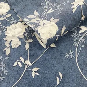 Muriva Blue Floral Mica effect Embossed Wallpaper