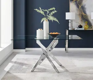 Furniturebox UK Leonardo Glass And Chrome Metal Dining Table And 6 Blue Falun Fabric Silver Leg Chairs