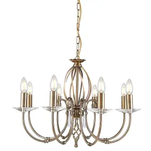 8 Bulb Chandelier Cut Glass Droplets Central Curved Stem Aged Brass LED E14 60W