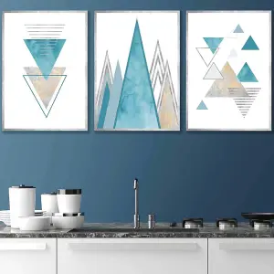 Set of 3 Mid Century Aqua Blue Abstract Geometric Wall Art Prints / 42x59cm (A2) / Silver Frame