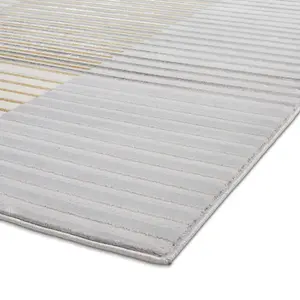 Grey Gold Striped Modern Easy To Clean Dining Room Rug-120cm X 170cm