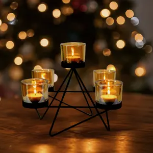 Tea Light Holder 5pc Amber Candle Jars with Metal Tealight Wooden Stand Decor