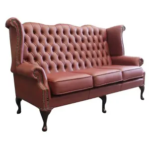 Chesterfield 3 Seater High Back Wing Sofa Shelly Burgandy Leather In Queen Anne Style