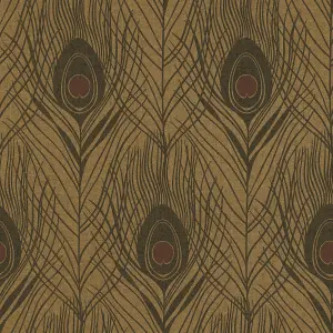 Galerie Absolutely Chic Brown Metallic Black Peacock Feather Motif Smooth Wallpaper