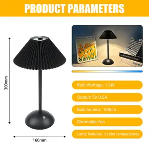 ExtraStar Rechargeable LED Table Lamp, Pleated LampShade, 3 Colour Changing Dimmable, Black