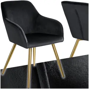 Chair Marilyn - with armrests, padded, velvet look, golden steel legs - black/gold