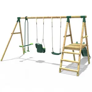 Rebo Voyager Wooden Garden Swing Set with Standard Seat, Baby Seat, Glider, Platform and Slide - Green