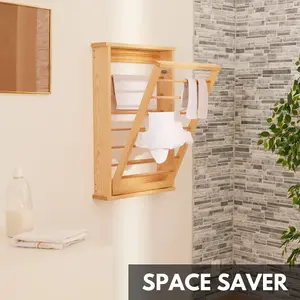 Natural Wall Mounted Wooden Clothes Drying Rack with Double side Rails - Foldable and Space-Saving Clothes Airer