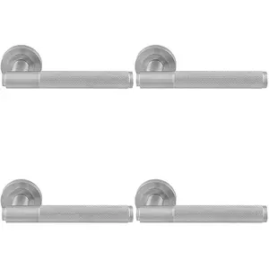 4 PACK - Luxury Knurled Door Handle Set - Satin Chrome Angled Lever on Round Rose