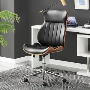 Furniturebox Parker Black Faux Leather Moulded Wooden Back Mid Century Computer Desk Office Gaming Wheeled Adjustable Swivel Chair