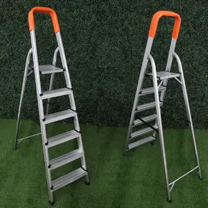 Lightweight Step Ladders 6 Step 167 cm, Max Load 150 kg - Compact Aluminium Portable Stepladder - Heavy Duty Tall Folding Ladder