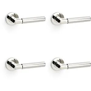 4 PACK - SOLID BRASS Smooth Door Handle Set - Polished Nickel Angled Lever on Round Rose