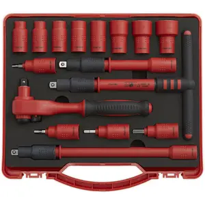 16pc VDE Insulated Socket & Ratchet Handle Set -3/8" Square Drive 6 Point Metric