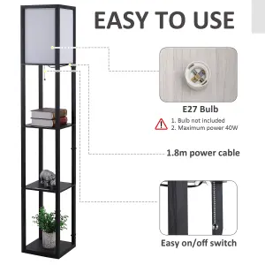 HOMCOM Floor Lamp Reading Lamp with 3-Tier Storage Shelf for Home Office, Black