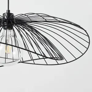 Contemporary Medium Black Pendant Ceiling Light. Twin Shades made with curved metal threads, 65cm Diameter.  Adjustable height