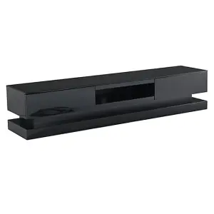 Step TV Stand With Storage for Living Room and Bedroom, 1800 Wide, LED Lighting, Media Storage, Black High Gloss Finish