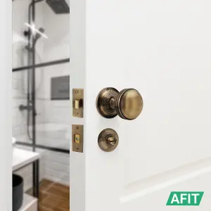 AFIT Lined Door Knob Set Antique Brass - 1 Pair of Mortice Knobs (55mm), Latch & Deadbolt Kit (76mm) & Turn & Release for Internal