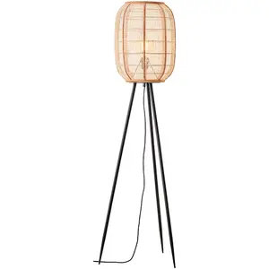 1325mm Floor Lamp - Natural Linen Bamboo & Matt Black Modern Handmade Wood - Standing LED Light Base