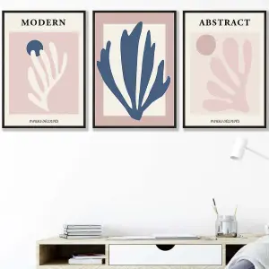 Set of 3 Matisse Style Floral Cut Out Navy & Pink Wall Art Prints / 42x59cm (A2) / Black Frame