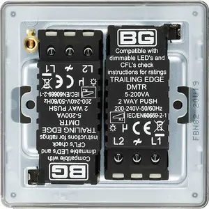 BG Electrical FBN82 Nexus Flatplate Screwless Black Nickel 2 Gang 200W 2 Way Trailing-Edge Push Dimmer Switch