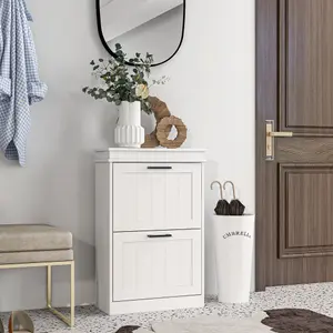 HOMCOM Slim Shoe Storage Cabinet with 2 Flip Drawers for Entryway, White