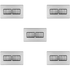 5 PACK 6 Gang Multi Light Switch SCREWLESS SATIN STEEL 2 Way 10A Slim Rocker