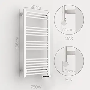 Towel Rail Bathroom Heater 750W Vertical Fluid Radiator White Electric 24/7 Timer Eco Low Energy