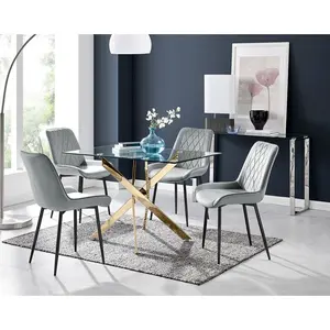 Lenworth Glass Rectangular Dining Table Set with 4 Luxury Velvet Chairs Grey/Black / Gold