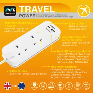 Masterplug White 13A 2 socket Travel extension lead with USB, 0.45m