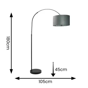 ValueLights Louis Black Arched Floor Lamp with Grey Velvet and Chrome Inner Shade and Bulb