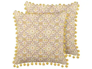 Set of 2 Cushions LYCROIS Cotton 45 x 45 cm Floral Block-Printing Yellow