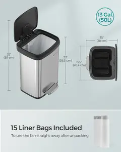 SONGMICS Trash Can, Kitchen Rubbish Can, Tall and Spacious Metal Waste Bin with Lid, Silver and Black