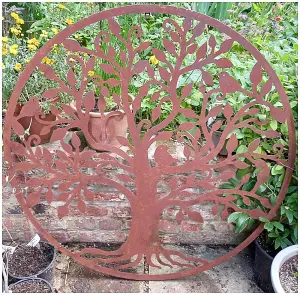 Rustic Round Steel Tree and Bird Screen Wall Art Plaque 1m Diameter